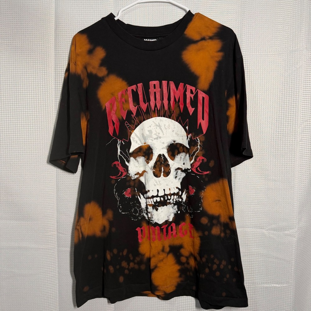 Reclaimed‎ Vintage Skull Graphic T-Shirt Large Black Orange Bleach Tie Dye